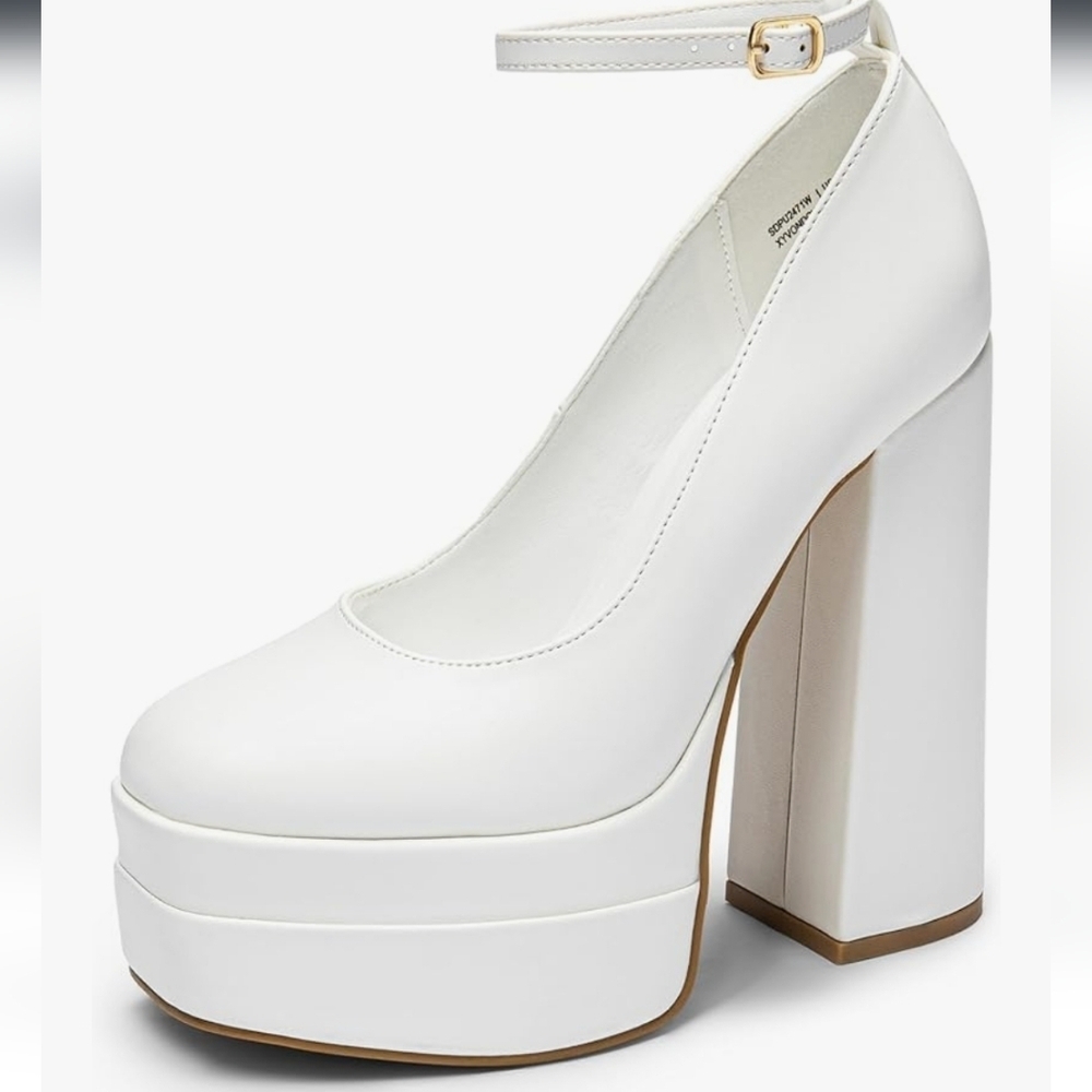 Dream Pairs White Platform Ankle-Strap Block Heels